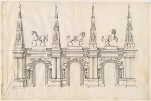 Een Triomfboog met Versierde Paarden en Gedecoreerde Pinnakels door Jacques Androuet Ducerceau I