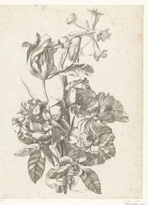 Boeket met pioenrozen, een tulp en een brodiaea door Jacques Bailly (I)