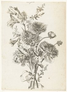 Boeket met anemonen, een pioenroos, sleutelbloemen en gladiolen door Jacques Bailly (I)