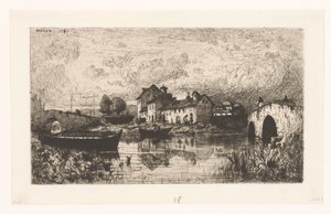 Gezicht op een dorp aan het water met rechts en links een brug door Jacques Barthélemy Appian (Adolphe)