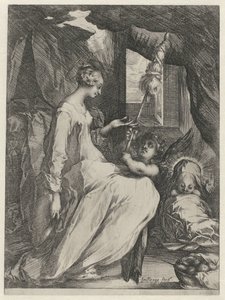 De Maagd Maria spint met het Christuskind en een engel door Jacques Bellange