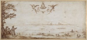 Een uitzicht op Toul over de vlakte, landschap met figuren, de lucht met de wapens van Porcellets