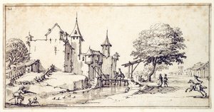 Een kasteel met ophaalbrug door Jacques Callot