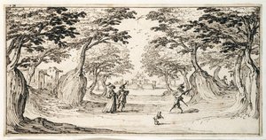 Een dame en heer dansen in het bos op een luit, een kasteel in de verte door Jacques Callot