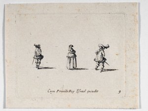 Een dame met gevouwen armen, en twee cavaliers, van ... (gravure) door Jacques Callot