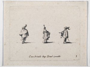 Een dame met gerimpelde rok en twee cavaliers, uit Les Fantaisies de Noble J. Callot ... (gravure) door Jacques Callot