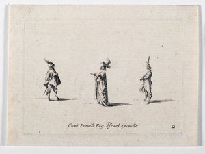 Een dame met gepluimde hoed en twee cavaliers, van ... (gravure) door Jacques Callot