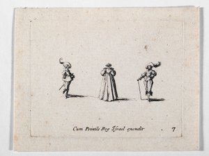 Een dame met rijk geplooide jurk, op de rug gezien, en twee cavaliers, uit Les Fantaisies de Noble J. Callot ... (gravure) door Jacques Callot