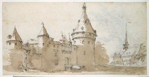 Een kasteel met torens en een kerk