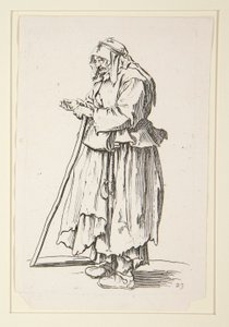 Bedelares die aalmoezen ontvangt, uit De Bedelaars (La mendiante venant de recevoir la charite) door Jacques Callot
