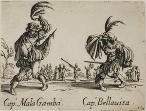 Kapitein Mala Gamba - Kapitein Bellavita, plaat 15 van Balli di Sfessania door Jacques Callot