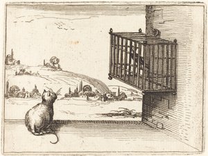 Kat die naar een Vogel in een Kooi Kijkt door Jacques Callot