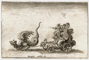 Strijd tegen de barrière: Een strijdwagen getrokken door een draak ... (gravure) door Jacques Callot