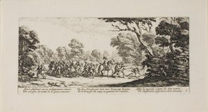 Ontdekking van de criminele soldaten, plaat negen uit De ellende van de oorlog door Jacques Callot