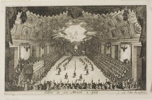 Ingang van Zijne Hoogheid te voet, uit Het gevecht bij de barrière door Jacques Callot