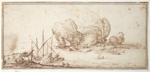 Fantastische rotsen, versterkt. Scheepvaart. Zeelieden bivakkeren in zicht van hun vaartuig (Le Grand Rocher) door Jacques Callot