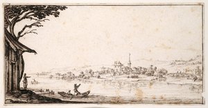 Een passagier overzetten over een rivier naar een klein stadje verbonden door een brug met een kasteel door Jacques Callot