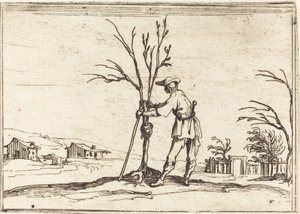 Tuinman die een boom snoeit door Jacques Callot