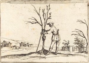 Tuinman die een boom snoeit door Jacques Callot