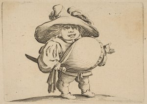 De man met een grote buik versierd met knopen