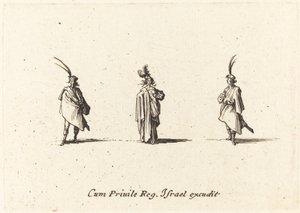 Dame in lange mantel, en twee heren door Jacques Callot
