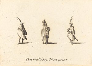 Dame in lange mantel en twee heren door Jacques Callot
