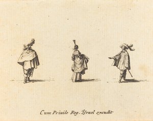 Dame met opgetrokken jurk, en twee heren door Jacques Callot