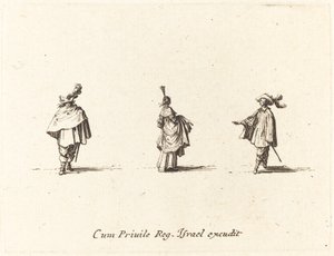 Dame met opgetrokken jurk en twee heren door Jacques Callot