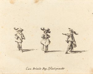 Dame met grote pluimen, en twee heren door Jacques Callot