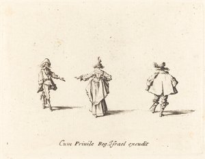 Dame met uitgestrekte arm, van achteren gezien, en twee heren door Jacques Callot