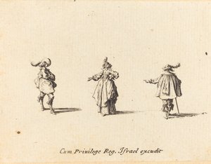Dame met uitgestrekte arm en twee heren door Jacques Callot