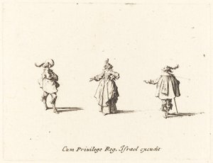 Dame met uitgestrekte arm en twee heren door Jacques Callot