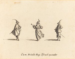 Dame met snaarinstrument en twee heren door Jacques Callot