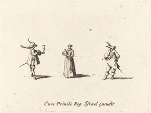 Dame met Wijnfles en Twee Heren door Jacques Callot