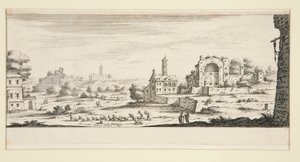 Landschap met grote gebouwen door Jacques Callot