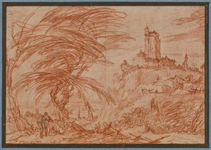 Landschaft, rechts auf einem Hügel ein großer Turm, links eine Baumgruppe und einige Figuren door Jacques Callot