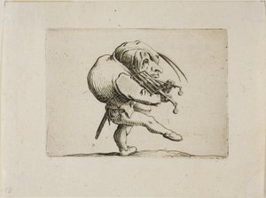 Man die een grill bespeelt als een viool, uit Varie Figure Gobbi door Jacques Callot