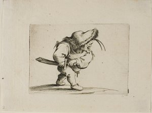 Man die zich voorbereidt om zijn zwaard te trekken, uit Varie Figure Gobbi door Jacques Callot