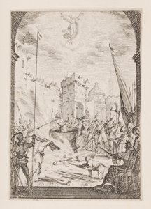Martelaarschap van St. Johannes de Evangelist, nr. 2 uit Het Martelaarschap van de Apostelen door Jacques Callot