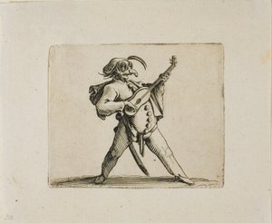 Gemaskerde Komiek die Gitaar Speelt, uit Varie Figure Gobbi door Jacques Callot