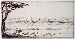 Nancy in de verte: hazewindhonden achtervolgen een haas door Jacques Callot
