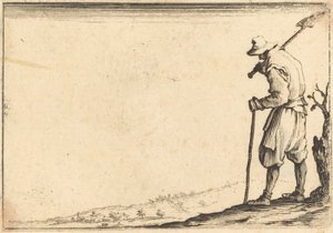 Boer met schop op zijn schouder