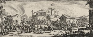 Plundering en verbranding van een dorp door Jacques Callot