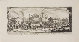 Plunderen en verbranden van een dorp, plaat zeven uit De ellende van de oorlog door Jacques Callot