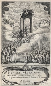 Heiligen en heiligen die zich haasten bij de deur van het Paradijs - compositie en gravure door Jacques Callot (1592-1635)