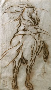 Studie van een steigerend paard, met een aanvullende studie van hetzelfde en een uitzicht op een stad
