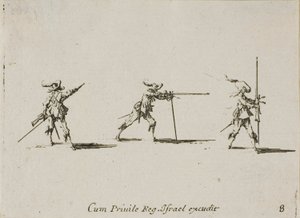 Het innemen van de vuurbereidheid met het musket, plaat acht uit De Militaire Oefeningen door Jacques Callot