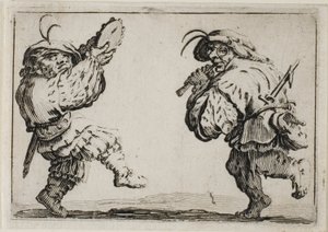 De dansers met een fluit en een tamboerijn, uit De Caprices door Jacques Callot
