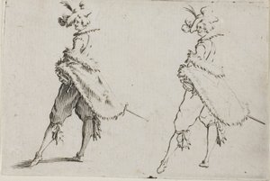De heer met een jas, poserend met handen op de heupen, uit De Caprices door Jacques Callot