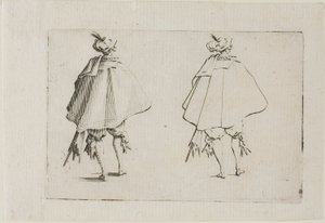 De heer met een grote jas, gezien van achteren, uit De Caprices door Jacques Callot